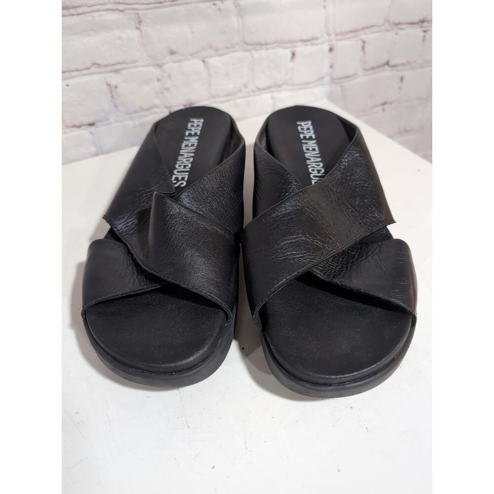 Pepe Menargues Black Leather Criss Cross Size 40 Wedge Sandals Minimalist - Picture 8 of 10